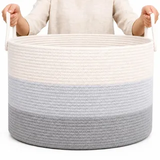 OrganiHaus Korb Geflochten Rund, Wäschekorb Geflochten, Korb Aufbewahrung Groß, Aufbewahrungskorb Kinderzimmer, Aufbewahrungskorb für Decken Kissen Spielzeug, Faltbar mit Griff - 50x33cm, Grau