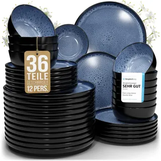 Steingut Geschirrset 12 Personen Ibiza 36 tlg. TESTSIEGER, Traumhaftes Mediterranes Steingut Geschirr Set, Schüssel- und Teller Set, Tafelservice 12 Personen, Geschirrsets Pure Living in Tiefblau