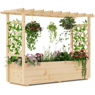 COSTWAY Hochbeet Pflanzkasten mit Rankgitter, hängendem Dach & Abflusslöchern, Blumenkasten für Kletterpflanzen, Pflanzgefäß Holz 150x50x104cm - Naturbelassen
