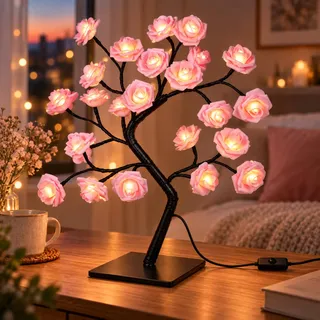 jojofuny LED Rosenbaum Lampe, Rosa Rose Tree Lamp mit USB Anschluss für Schlafzimmer Deko, Blumen Lichterbaum mit Warmem Licht Nachttischlampe Warmlicht für Home, Hochzeit Weihnachten, Wedding 42cm