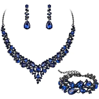 EVER FAITH Statement Halskette Ohrringe und Armband Set für Damen österreichische Kristall Tropfen Cluster Schmuckset Navy Blau Schwarz-Tone