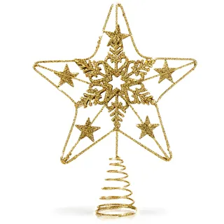 COM-FOUR® Deko Stern Weihnachten - Weihnachtsdekoration Stern aus Metall - Aufsteller Weihnachtsstern mit Glitzer - Goldfarbene Weihnachtsbaumspitze (goldfarben/24x18cm)