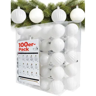 Menz Weihnachtskugeln 100er Weiß Mix aus glänzenden matten glitzernden Kugeln 3 4 6cm stilvolle Christbaumkugeln und edle Weihnachtsdeko für Innenbereich