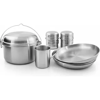 Tatonka Camping-Kochgeschirr Picnic Set III (10-teilig) - Edelstahl-Geschirr fürs Picknick zu dritt - Mit Topf, Pfanne, Tellern und Bechern (inkl. Deckel) - Schadstofffrei & lebensmittelecht - Silber