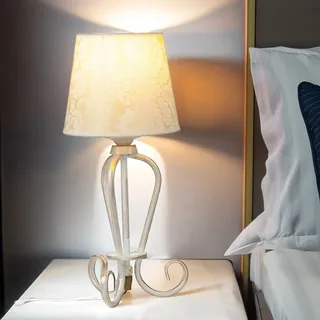 Nachttischlampe Shabby Gold Weiß Stoff Schirm 45cm GANARA Tischleuchte E27