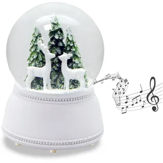 Schneekugel Hüttenzauber 2 Rehe weiß vor Tannenbaum | Sockel weiß nostalgisch | mit Spieluhr | Schüttelkugel Weihnachtsdekoration | B: 10 cm H: 13 cm | 20254