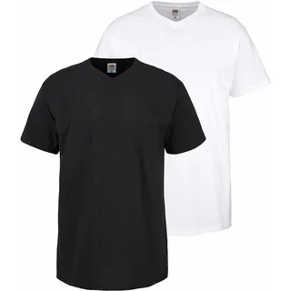 T-Shirt FRUIT OF THE LOOM, Herren, Gr. S (48), schwarz-weiß (schwarz, weiß), Single Jersey, Obermaterial: 100% Baumwolle, unifarben, schmal, V-Ausschnitt, Shirts T-Shirt, mit V-Ausschnitt