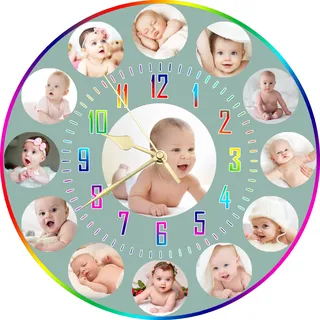 S&H&OU Benutzerdefinierte Wanduhr, Fotowanduhren für Wohnzimmerdekoration mit Foto, leise Wanduhr für Kinder, Personalisierte Fotowanduhr zum Aufhängen von Geburtstagsfotos