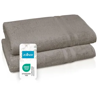 ZOLLNER 2er Set Saunatücher in 70x180 cm - Flauschige Handtücher aus Baumwolle - mit moderner Streifenbordüre - bis 60°C waschbar - mit praktischem Aufhänger - in Fango - Hotelqualität