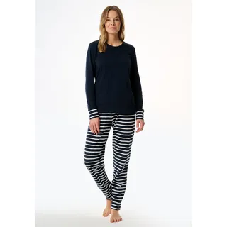 Schlafanzug SCHIESSER "Casual Essentials", Damen, Gr. 40, blau (804, nachtblau), Single Jersey, Obermaterial: 100% Baumwolle, gestreift, unifarben, bequem lang, Rundhals, angesetztes Bündchen, Homewear-Sets Schlafanzug, Baumwolle, Rundhalsausschnitt, langärmelig