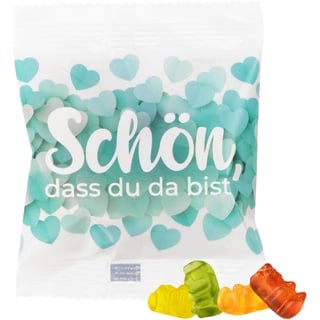 25 x vielseitige Gast-geschenke Tütchen: Hell blau mit Herzen, gefüllt mit echten Trolli Gummibärchen mit 10% Fruchtsaft, 10g - Perfekt für Hochzeiten, Geburtstage & mehr - Schön, dass du da bist!