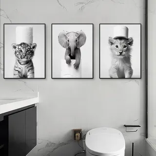 Uixxducc 3er Schwarz-Weiß Poster Set, Badezimmer Bilder Tiere Toilette Deko Modern Wandbilder Leinwandbilder Wanddeko Bilder für Badezimmer (21x30cm)