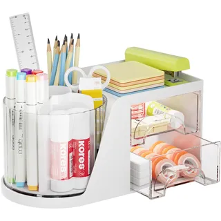 Marbrasse Schreibtisch Organizer mit 2 Schubladen,360 Grad Drehbarer Stifthalter,Schreibtisch-Organizer mit 5 Fächern,Aufbewahrungsbox für Heim Büro (weiß)