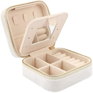 Casiwaft Kleines Reise Schmuckkästchen Samt mit Spiegel, Kleine Schmuckkästchen Organizer für Mädchen Frauen, Mini Schmuck Organizer Aufbewahrung für Ringe Ohrringe Halskette Armbänder, Weiß