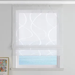 ESLIR Raffrollo Ausbrenner Raffgardine mit Klettband Wohnzimmer Gardinen Küche Transparent Bändchenrollo Modern mit Wellen Muster Weiß BxH 60x140cm 1 Stück
