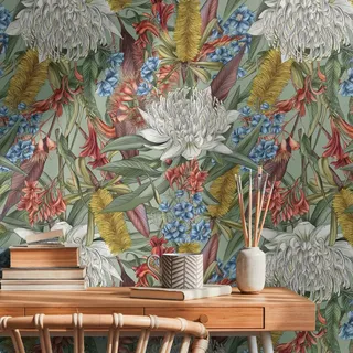 Livingwalls Blumentapete Grün Bunt - Tapete Wohnzimmer Schlafzimmer 394281 - Vliestapete Dschungel - 10,05 m x 0,53 m für 5,33m2 - Made in Germany