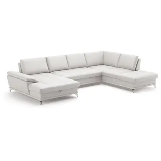 Cavadore Wohnlandschaft Castiel mit Federkern / Sofalandschaft mit XL-Longchair, Sitztiefenverstellung, satinierten Metallfüßen / 363 x 89 x 223 / Echtleder, Weiß