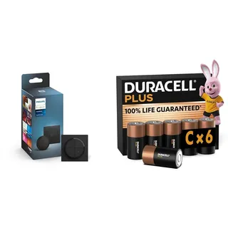 Philips Hue Tap Dial Schalter für Hue Lichtsysteme, Smarter Dimmer zur Steuerung von Leuchten, kabelloser Lichtschalter ohne Installation, schwarz + Duracell C x 6