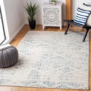 SAFAVIEH Boho Teppich für Wohnzimmer, Esszimmer, Schlafzimmer - Tulum Collection, Kurzer Flor, Elfenbein und Türkis, 91 X 152 cm