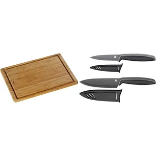 WMF Schneidebrett Bambus natur, 45 x 30 x 1,9 cm, Holzbrett groß - Tranchierbrett & Touch Messerset 2-teilig, Küchenmesser mit Schutzhülle, Spezialklingenstahl antihaftbeschichtet, schwarz