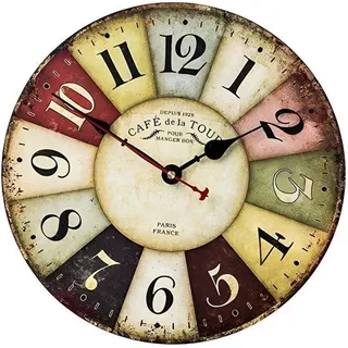 Antik Wanduhr, 35 cm, ländliche Stil, Holz-Küchenuhr, Batteriebetrieben, stille dekorative Wanduhren für Wohnzimmer, Schlafzimmer, Landhaus, Paris-Stil - Bunt