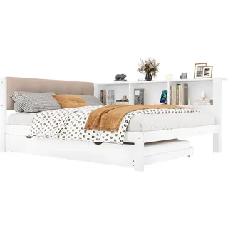 Okwish Tagesbett 140/200 cm weiß aus Kiefernholz mit ausziehbarem Bett und dimmbarer LED-Beleuchtung , Weiß , Holz , 140x200 cm , Babymöbel & Kindermöbel, Kinderzimmer & Jugendzimmer, Kinderbetten