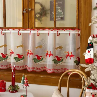Vordesack Weihnachten Scheibengardine mit Stickerei, für Küchenfenster | Weihnachtliche transparente Halbvorhang mit Lochleiste 1 Stück Rentiere HxB 50x60cm, für Küche, kleines Fenster, Wohnzimmer