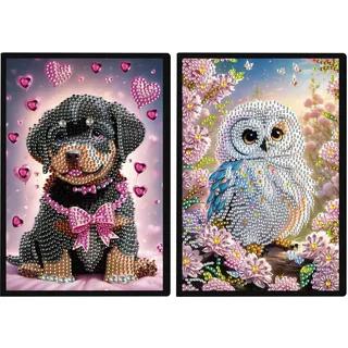 JISHSHAY 2er Set Diamond Painting Notizbuch Hund Diamant Painting Notizbücher Tiere Diamaond Malerei Notebook Eule Diamant Malerei Notizblock Diamantmalerei Journal Crystal Art Notepad 14.5×21cm
