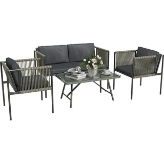 Gartenmöbel Set aus Polyrattan Lounge-Set mit 2er Sofa Sessel Glastisch Kissen wetterfest Balkonmöbel für 4 Personen Outdoor Sitzgruppe Terrassenmöbel für Garten Balkon Grau | - Grau, Schwarz