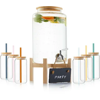 Sänger | Bowle Set Mit Glas Strohhalmen, Gläsern und Gefäß, Deckel Aus Holz, Getränkespender Mit Zapfhahn, 6 Gläser, Für Glühwein, 7,8 Liter Glasbehälter