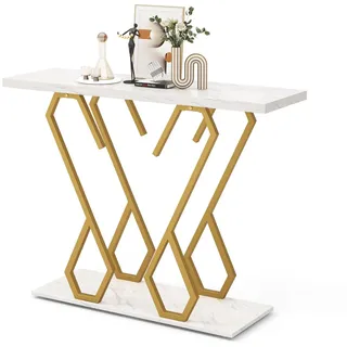 FANTASK Konsolentisch in Schmetterlingsform, 100 x 30 x 79 cm, Flurtisch Marmor Optik mit Metallrahmen, Eingangstisch schmal für Eingangsbereich, Wohnzimmer (Gold + Weiß)