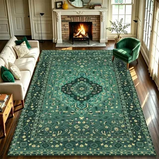 WUTONG Teppich 180x250 cm Vintage Grün,Großer Wohnzimmerteppich Waschbar,Kurzflor Retro Orient Teppich rutschfest für Wohnzimmer,Lounge