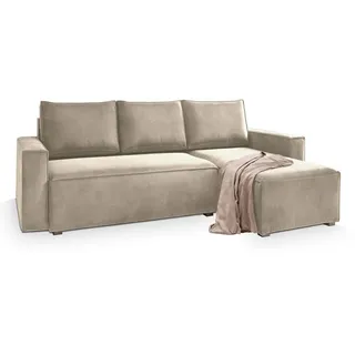 Masseno Ecksofa Siles Creme Velours-Stoff mit Schlaffunktion , Holz , L-Form,L-Form , 230x140 cm , Wohnzimmer, Sofas & Couches, Wohnlandschaften, Ecksofas