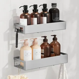 SONGMICS Duschablage ohne Bohren, 2er Set, Shampoo Halterung für Dusche | Rostfreies Duschregal, Badezimmer Organizer zum Kleben, Bad Aufbewahrung für Dusche, Silber, PARSON Kollektion BCB201E101