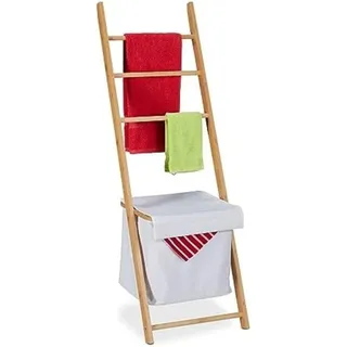 Handtuchleiter aus Metall mit aufklappbarem Wäschekorb, 140x45x34 cm für Badezimmer