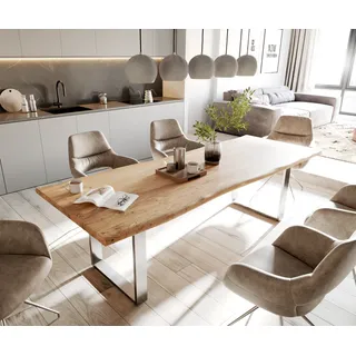 DELIFE Esstisch Edge 260x100 Akazie Natur Edelstahl Schmal Live-Edge - Naturbelassen, Silber, Braun, Hellbraun