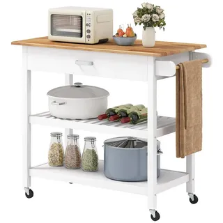 Costway Küchenwagen, 3-stöckiger Küchenrollwagen mit Arbeitsplatte, 2 offenen Ablagen, Schublade & feststellbaren Rollen, Mobile Servierwagen Weiß - Weiß
