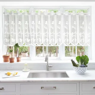 Transluzent Gardinen Kurz, 130 X 45 cm Scheibengardinen Blickdicht, Weißer Cafés Halbe Gardinen Fenster, Schmetterlings-Blumenmuster Bistrogardine, Vintage-Wohnzimmer Scheibengardinen Landhausstil
