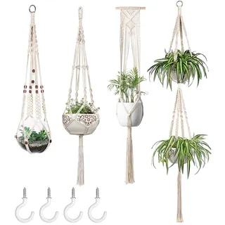 Mkouo Blumenampel Makramee Pflanzenhalter Set of 4 Indoor Wandbehang Pflanzer Korb Blumentopf Halter Boho Home Decor Geschenkbox, Beige