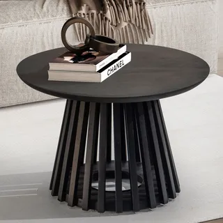 FineBuy Couchtisch Mango Massivholz rund Ø 60 cm Schwarz · Moderner Wohnzimmertisch Handgefertigter Sofatisch Fächer Japandi Design - Schwarz