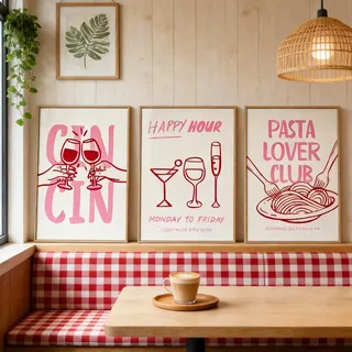 Xiyocadt 3er Poster Set, Rosa Cocktail Poster, Kaffee Pasta Wein Bild, Küche Wandbilder, Vintage Bilder für Küche Wohnzimmer Deko Küche Aesthetic Deko,Ohne Rahmen (50 x 70 cm)