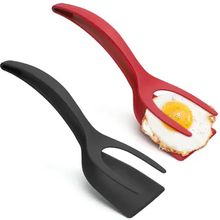 UOCAI 2 Stück Spiegeleier Flipper Spatel, 2 in 1 Spatel und Zange Kunststoff Pfannenwender Antihaft Eierwender Plastikspatel zum Kochen, Grip Flip Turner für Fisch Ei Burger Pfannkuchen(Rot,Schwarz)