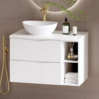 Badezimmer Waschtisch mit 80 cm Breite in weiß mit gerillter Front, 2 Schubladen - CALURI-140 - Weiß
