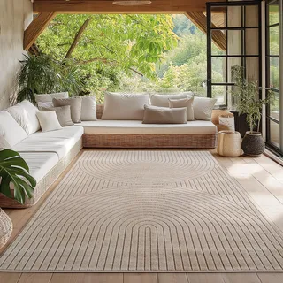 HomebyHome Kurzflor Teppich 280x370 cm XXL Beige Wohnzimmer, Schlafzimmer, Küche, 3D Hoch-Tief-Effekt, Skandinavisch Boho Motiv, für Outdoor Bereich geeignet Terrassen oder im Balkon