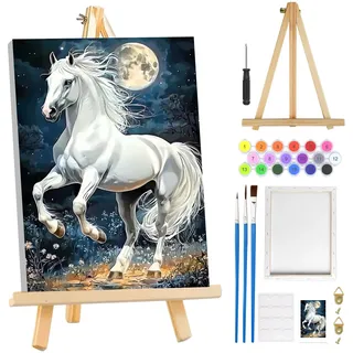 MOGTAA Pferd Malen Nach Zahlen Erwachsene mit Rahmen, Mond Landschaft Malen Nach Zahlen Mit Holzstaffelei, DIY Ölgemälde Leinwand Set Acrylic Malerei Bilder für Home Dekor, 20x30cm