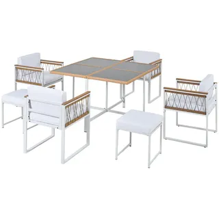 Redom Gartenmöbelset 117/117 cm mit 4 Sesseln, 2 Fußhockern, Metallgestell und Polstern, Natur/Weiß , Gartenmöbel, Gartengarnituren, Gartenmöbel-Sets