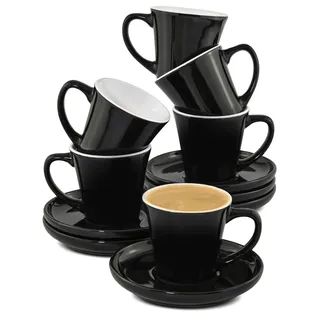 Cosumy Espressotassen Set 6er Schwarz mit Untertassen - Keramik - Hält Lange Warm - Mokkatassen Stapelbar Spülmaschinenfest - Espresso Tassen mit Henkel - Geschenkbox - Espressobecher Design - 70ml