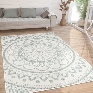 Outdoor Teppich wetterfest & robust Mandala Boho Design pflegeleicht flachgewebt Grösse 120x160 cm - Türkis