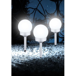 Globolightings LED Solarlampe mit Erdspieß 3-Teilig Wegelampe Set Solar Außenleuchte Wegbeleuchtung Kugel (Gartenlampe, Solarleuchte, Gartenleuchte, Außenlampe, Höhe 35 cm, Silber)