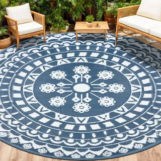 Capslpad Outdoor Teppich Rund 240 cm, Wetterfest Vorzeltteppich Camping Teppiche, Kunststoff Picknickdecke, Leichtgewicht Outdoorteppich für Balkon Picknick Camping Garten Terrasse Strand RV, Blau